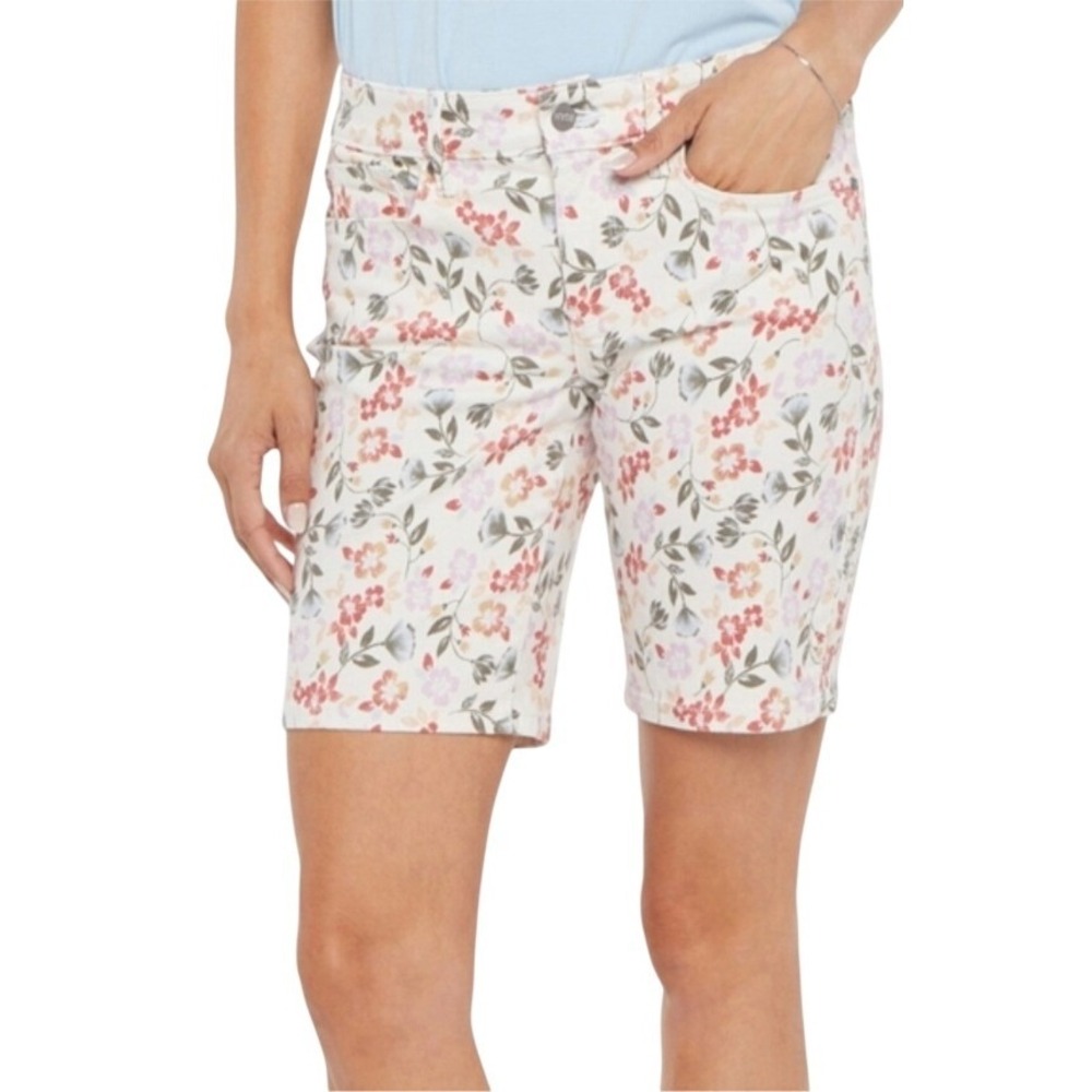 NYDJ Ella Bermuda Shorts Floral Print Lift Tuck Cream Pink Size 8 NWT